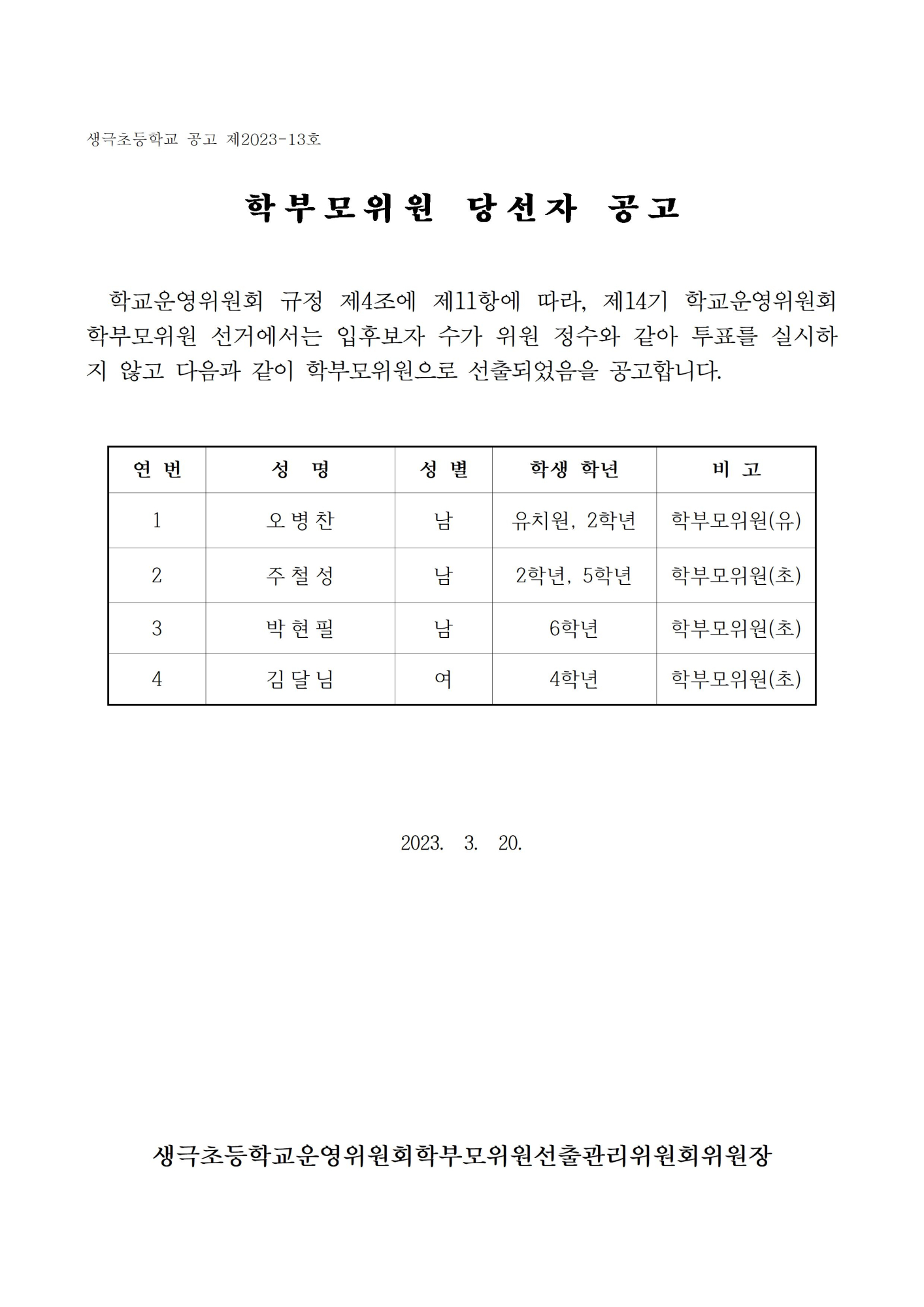 제14기 학부모위원 선거 당선자 공고001